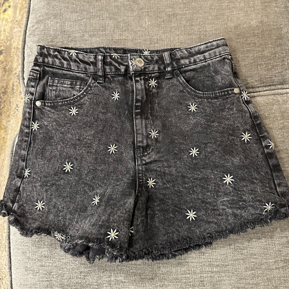 Art Class Black Denim Shorts with Floral Embroidery
